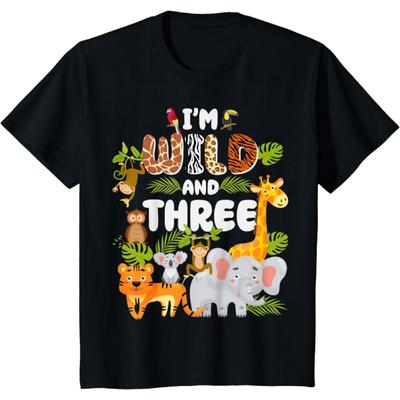 Wild And Three 3 Year Old 3rd Birthday Safari Jungle Animal T-Shirt
