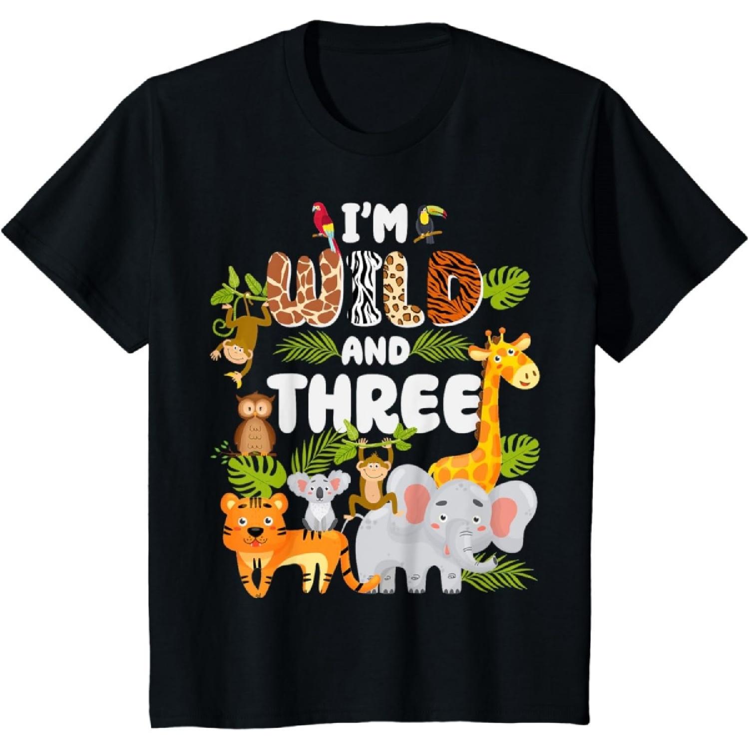 Wild And Three 3 Year Old 3rd Birthday Safari Jungle Animal T-Shirt S