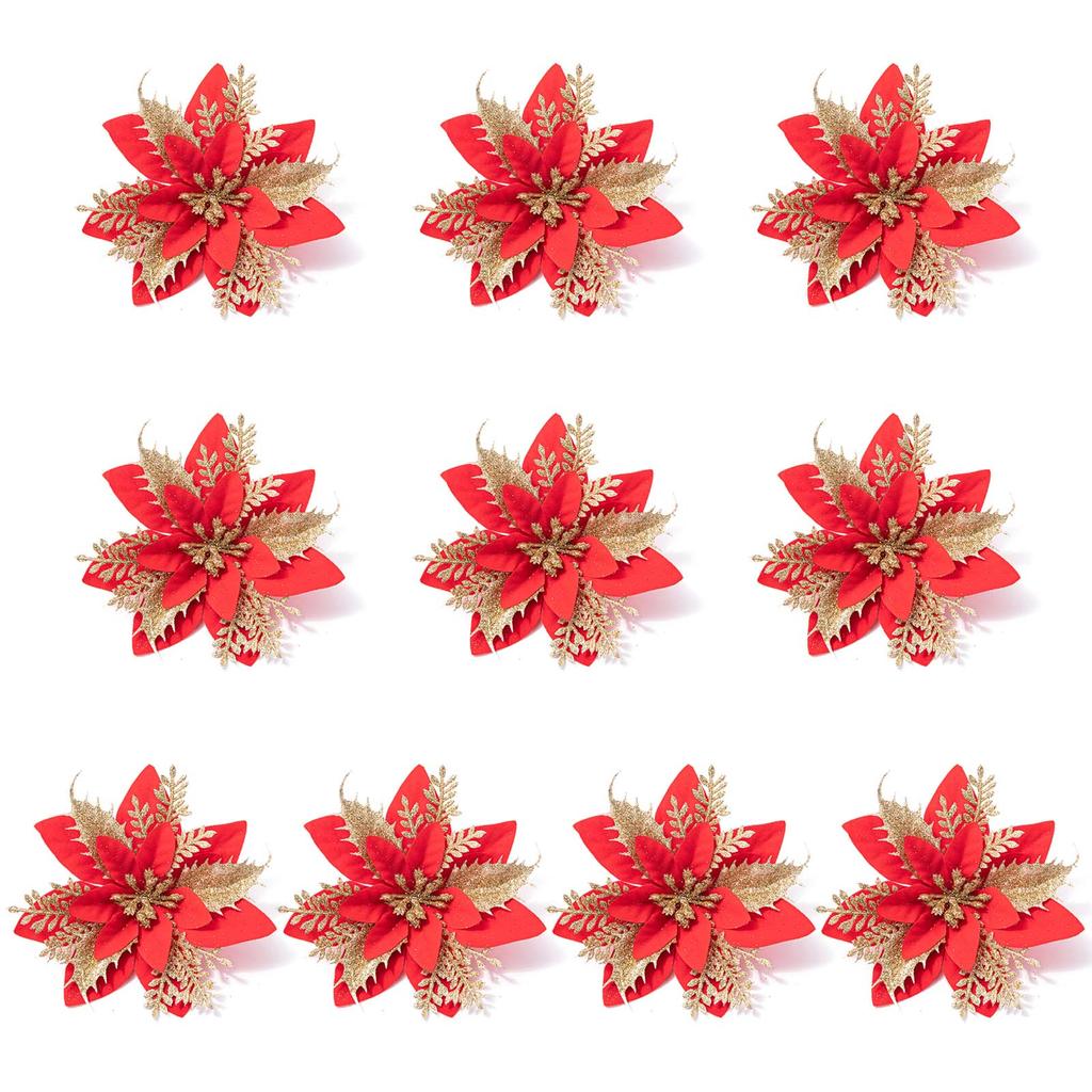 10pcs Glitter Artificial Poinsettia Flower Christmas Decorations for XmasTree Wreath Ornament Wedding Home New Year Gift