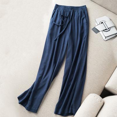 (S~4XL) Lässige, einfache lange Hose, einfarbige Krawatte, elastische hohe Taille, weites Bein, lange Hose mit Taschen, lockere, atmungsaktive, leichte, weiche Übergröße-Hose für den Sommer