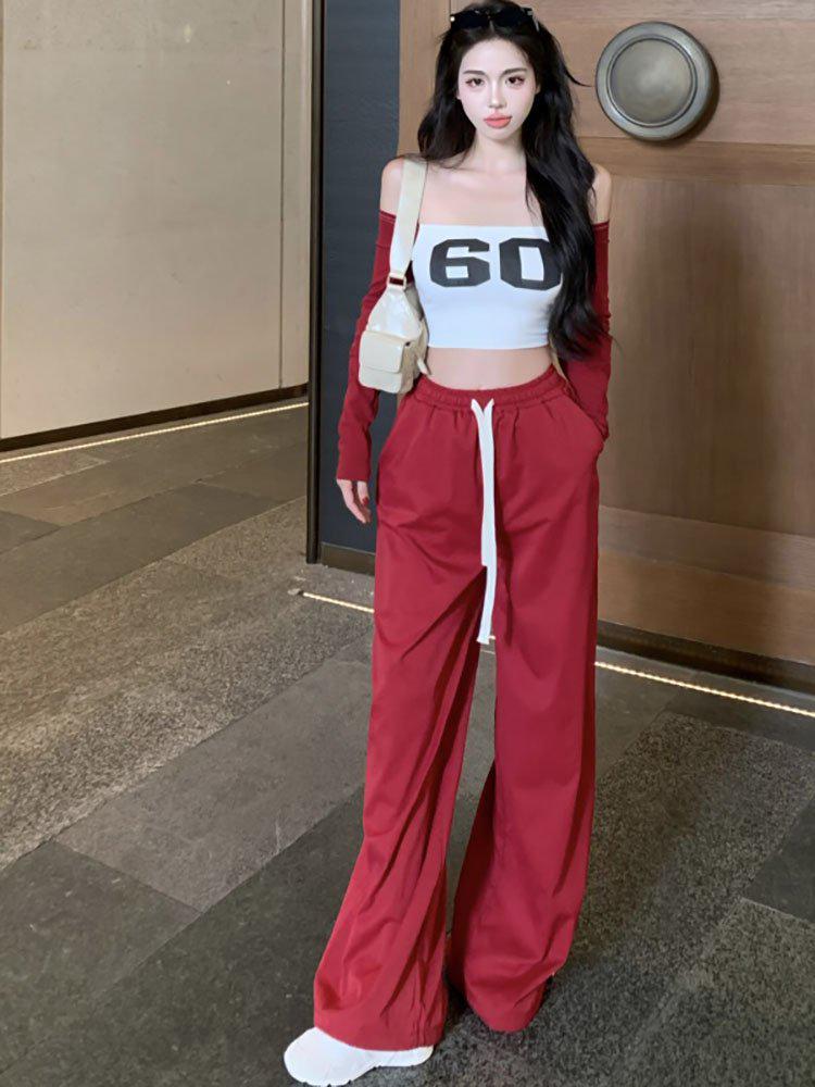 American Style Off-Shoulder Long-Sleeve Red Crop Top for Women - Autumn/Winter Fashionable Inner Wear