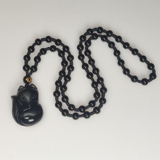 Obsidian Carving Fox Amulet Pendant Bead Chain Necklace Unisex Jewelry Gift