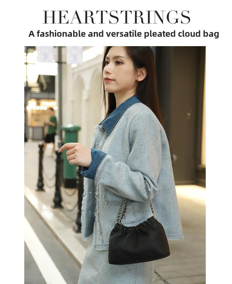 Women's Genuine Leather Cloud Pleated Shoulder Bag with Golden Ball Detail