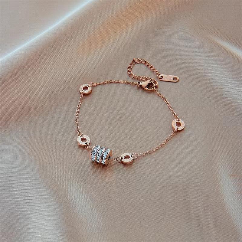 Rose Gold Zirconia Bracelet Ring with Cross Titanium Steel Chain 18K
