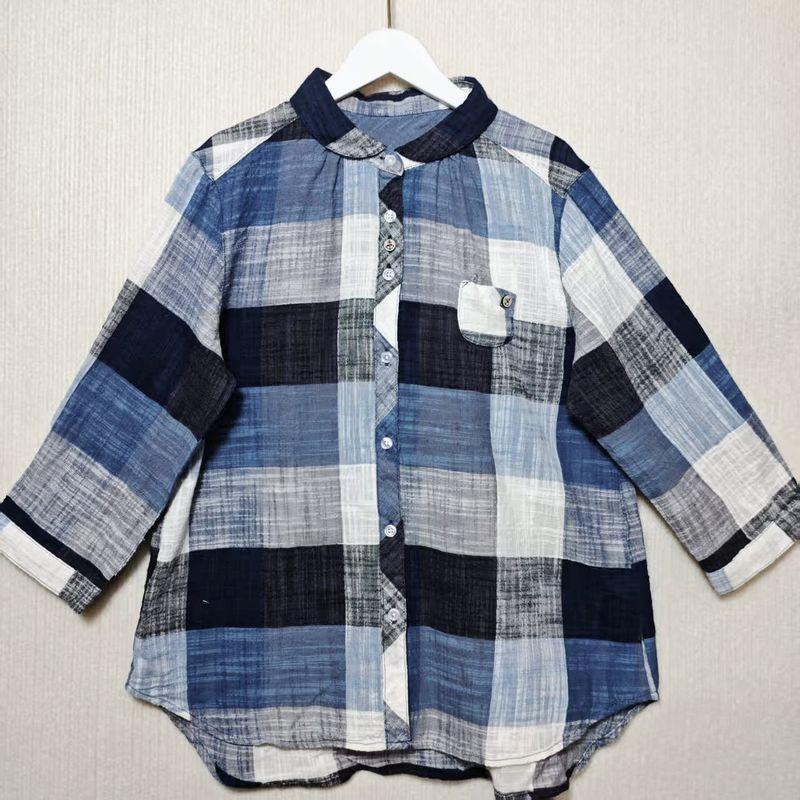 Leftover Stock Pure Cotton Stand Collar Open Shirt Women's Three-Quarter Sleeve Casual Easiest for Match Stringy Selvedge Shirt Sun Protection Summer