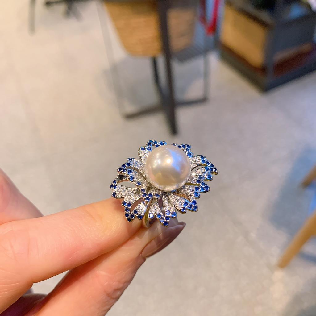 Tiktok Cross-border Australian Fritillary Pearl Micro Set Blue Ring Fashion Adjustable