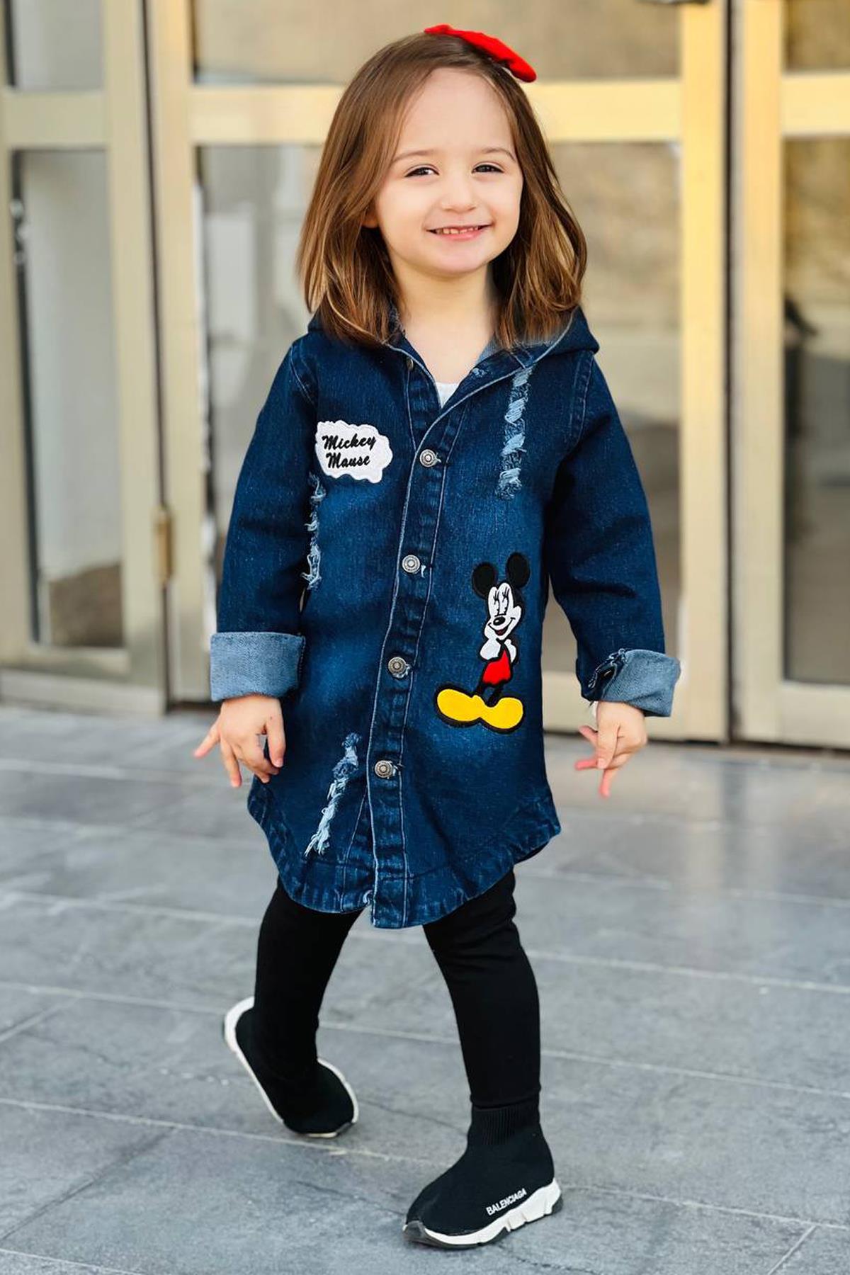 

Girls Boys Mickey Printed Ripped Front Detailed Hooded Blue Denim Jacket 2-10Years