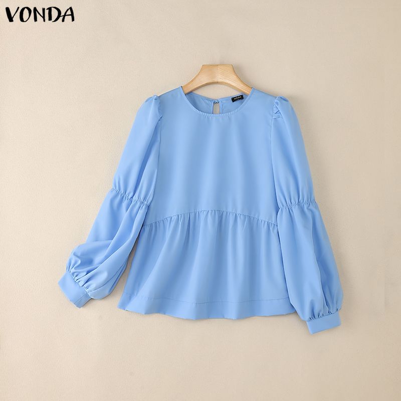 VONDA Damen Lässig Rundhals Puff Langarm Einfarbig Locker Bluse