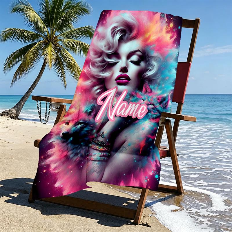 Custom Name Personalized Marilyn Monroe Print Beach Towel, for Trip Camping Beach Party Home Decor, Birthday Gift for Family & Friends