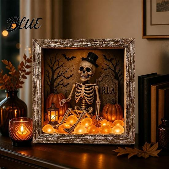 Gothic Shadow Box Night Light DIY Lighted Halloween Ghost Kit Wooden Frame LED Warm Light 3D Picture Craft Kit Memory with Crystal Glass Panel,