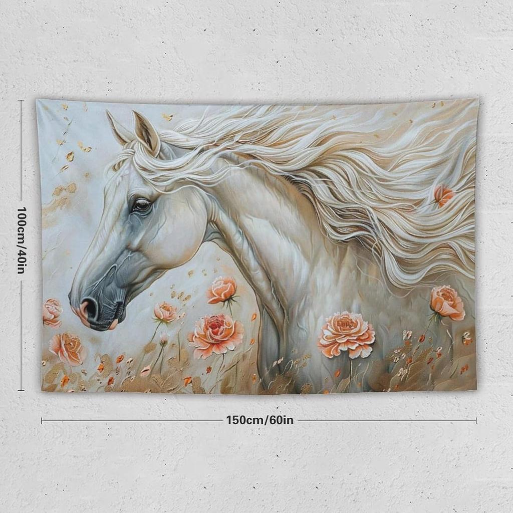 Tapestry Wall Art White Horse Flower Animal Art Gorgeous Tapestry Aesthetic Wall Deocr for Bedroom Living Room Decor for Men And
