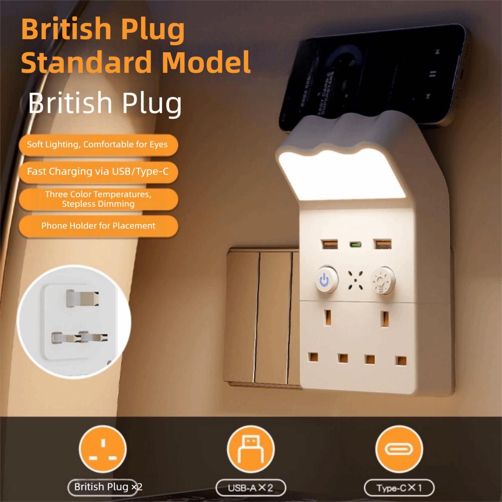 Universal Socket Night Light Socket Converter 1Type C & 2USB-A Warm White LED Socket Wall Lamp Square US/UK/EU Plug
