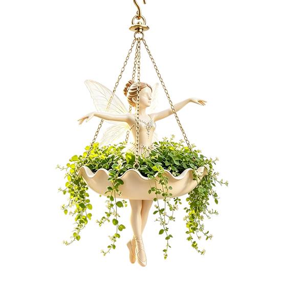 Housewarming Gift for Gardeners Fairy Ballet Dancer Mermaid Hanging Planter, Resin Decorative Flower Pot with Metal Chain, Balcony Outdoor Indoor