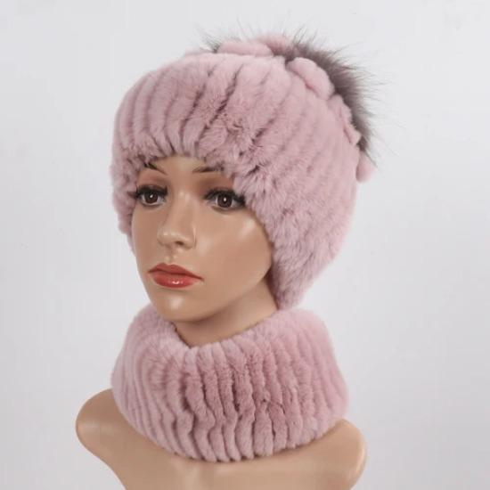 Knitted Women Warm Rex Rabbit Fur Hat Scarf Sets Winter Natural Rex Rabbit Fur Cap Scarves Russia Lady Fur Hats Muffler 2 Pieces
