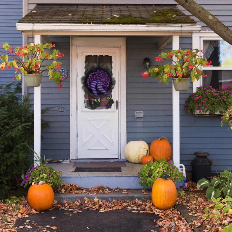 Halloween Wreath Witch, Halloween Wreaths for Front Door with Witch Hat Leg Mesh Decor, Halloween Decorations Indoor Outdoor