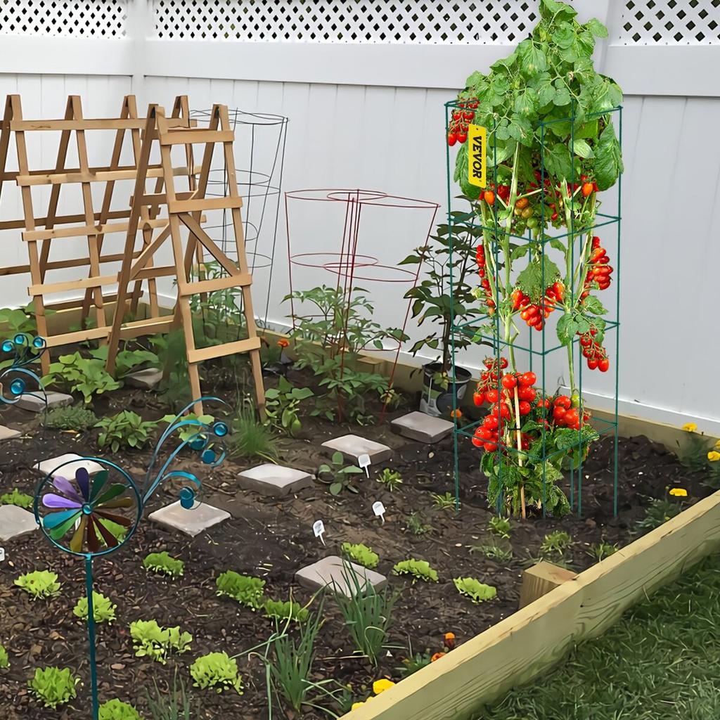 Tomato Cages, 14.6" X 14.6" X 39.4", 6 Packs Square Plant Support Cages, Green PVC-Coated Steel Tomato Towers for Climbing Vegetables, Plants,
