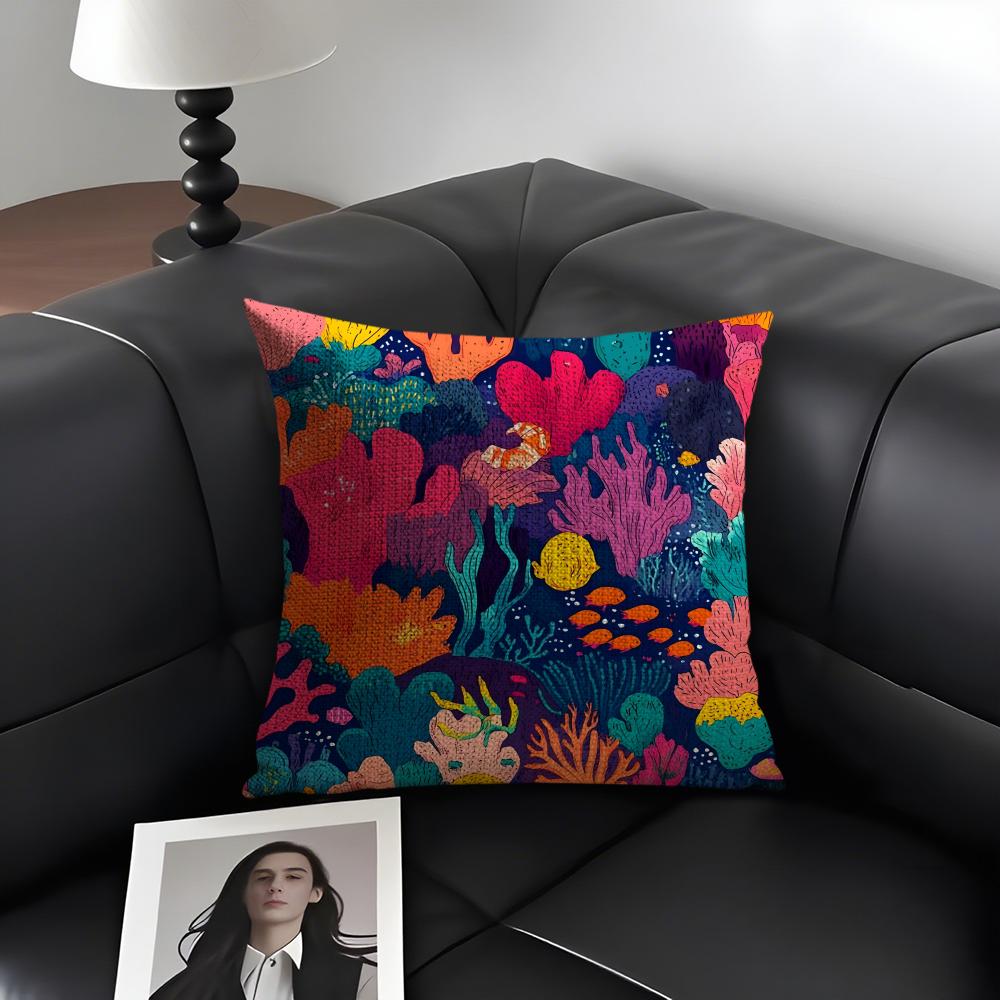 Marine Life Fashion Cushion Cover Natural Linen Organic Fabric Double-Sided Printing Sofa Home Decor Gift Pillow Case