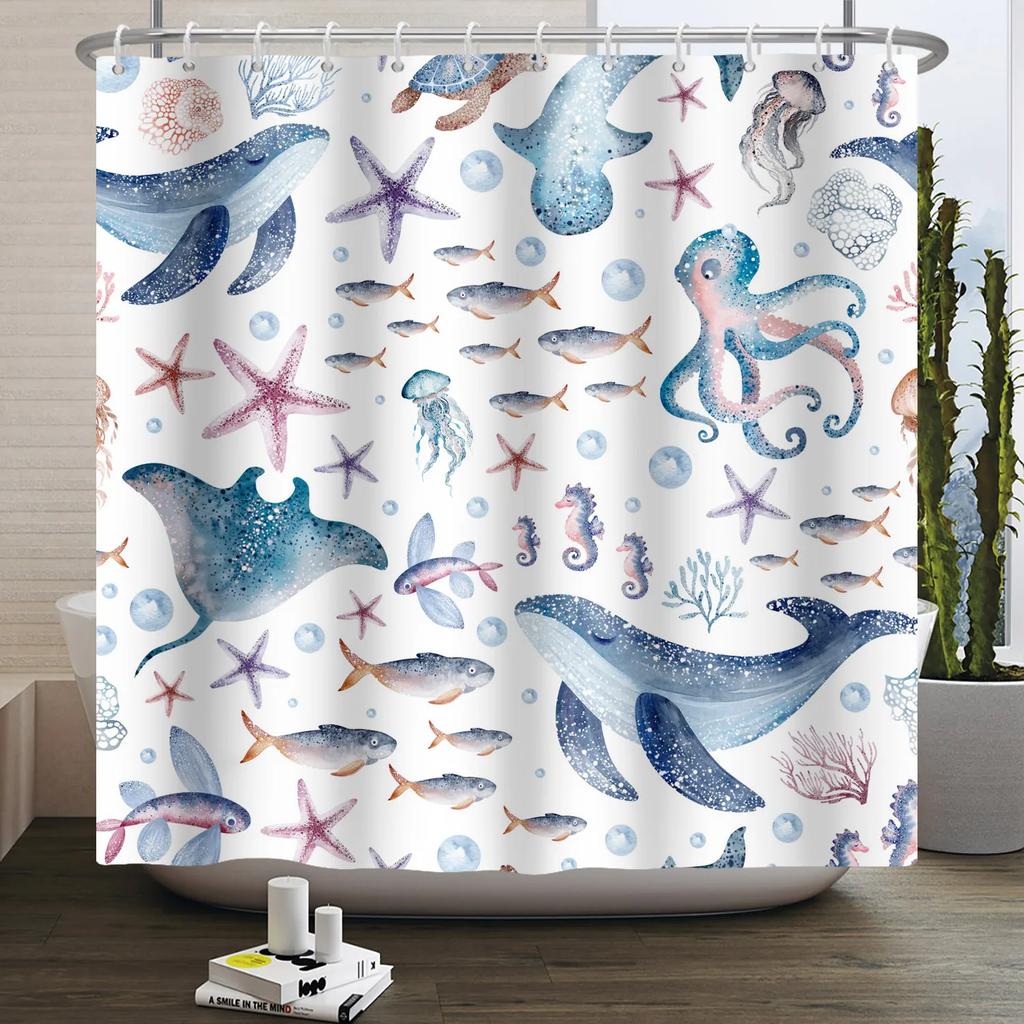Sea Animals Shower Curtains Cute Dolphin Jellyfish Turtle Starfish Shell Coral Bathroom Bath Curtain Bathtub Privacy Partition