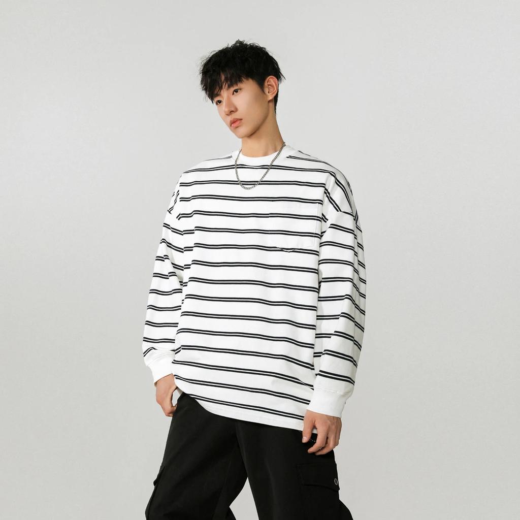 Męskie Koszulki w Paski Harajuku Wiosenne Męskie Casualowe Koszulki z Okrągłym Dekoltem Męskie Białe Koszulki z Długim Rękawem Mężczyzna Koszulka Oversize