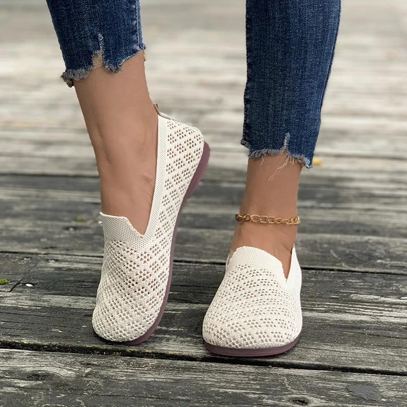 Loafers Autumn Casual Shoes Women Flat Heel Square Toe Hollow-out Sneakers Barefoot Shoe Moccasin Female Knitted 2024 New Work