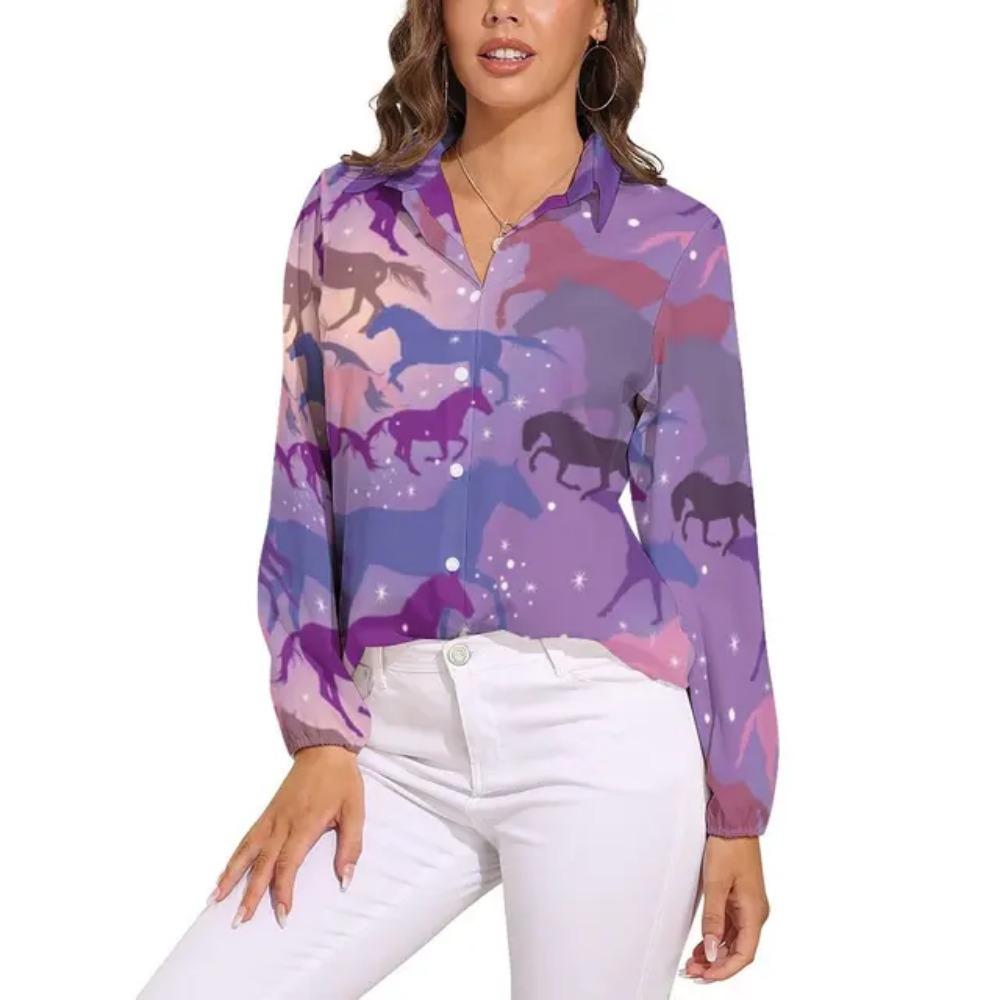 Camicia Colorata con Cavalli a Manica Lunga Camicie da Donna Cavalli Segreti Corse Camicie Vintage Top da Strada Femminili Primavera Estate