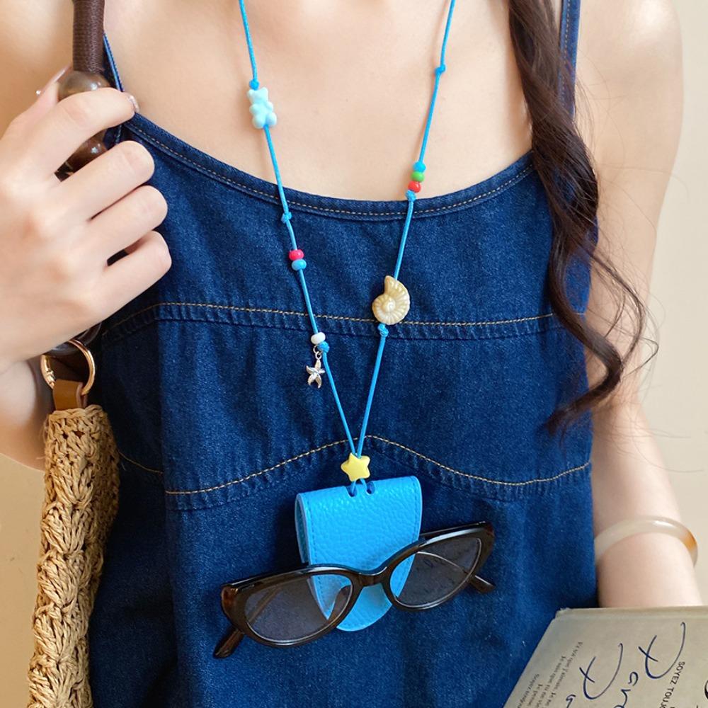 Eyewear Protector Leather Glasses Case Necklace Starfish Conch Stone Glasses Storage Chain Women