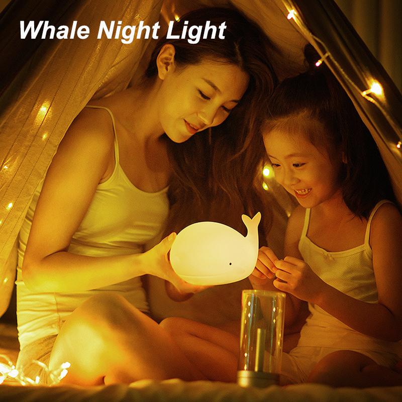 7 Colors Night Light Cute Whale Animal Silicone USB Rechargeable Nightlights Room Decorations Table LED Lamp Gifts For Children
