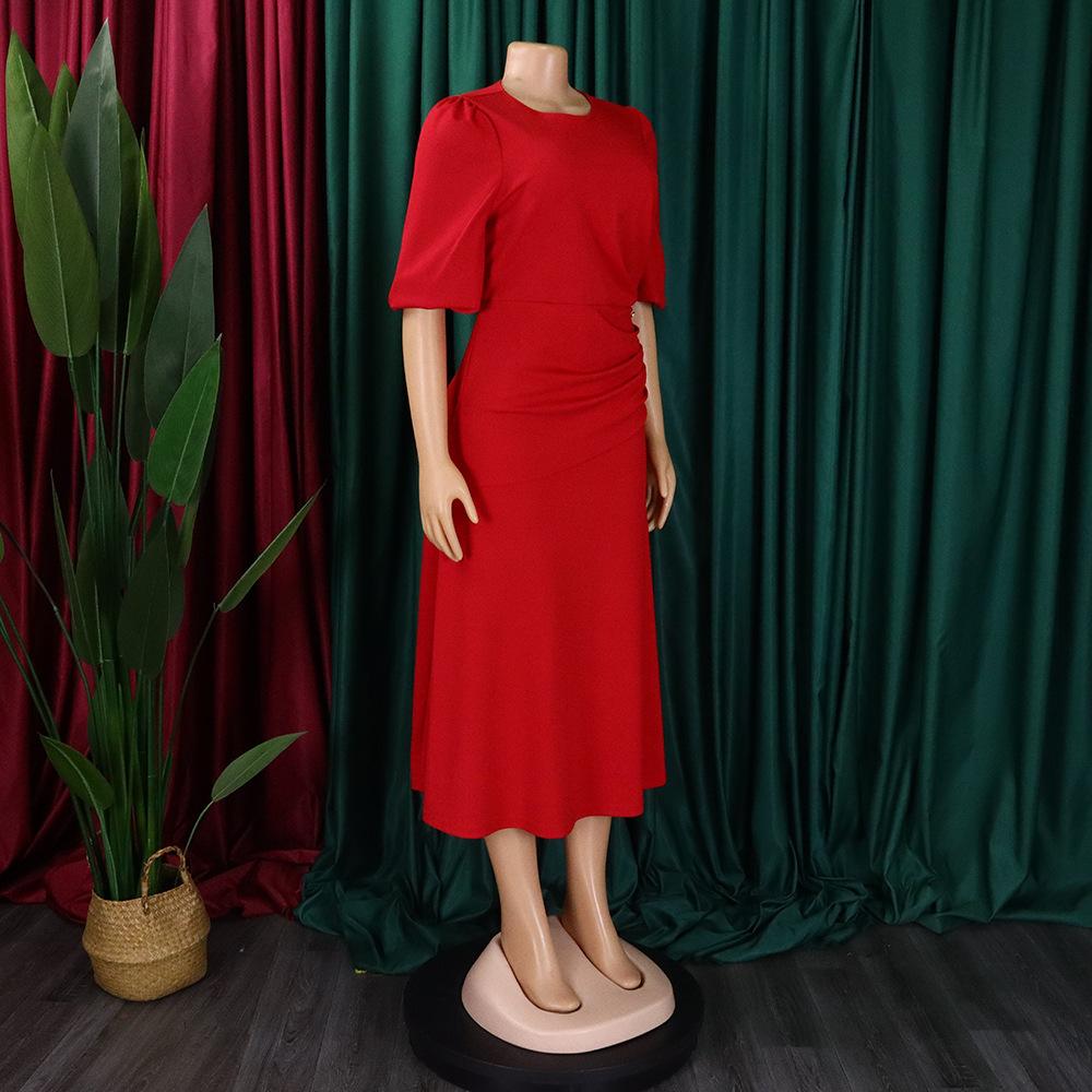 Women's Fashion Summer Spring Solid Color Print Short Sleeve O-Neck High Waist Casual Dresses