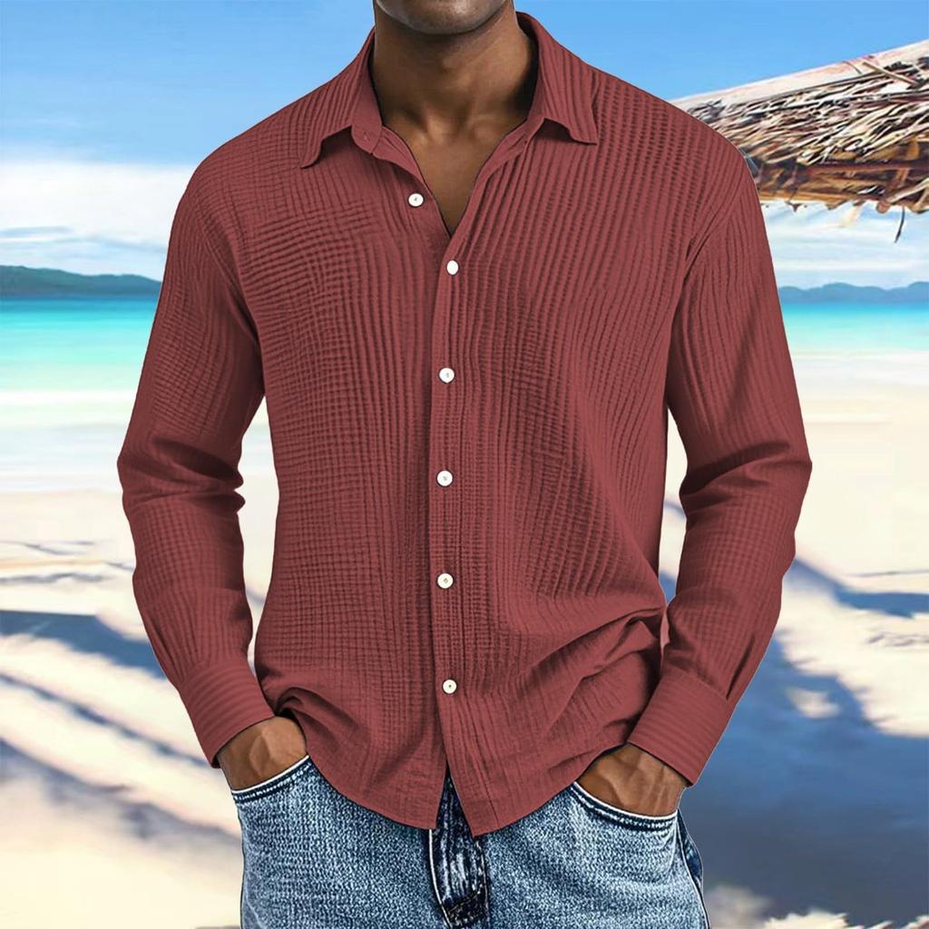Men's Cotton Shirts Long Sleeve Casual Button Down Textured T-Shirt Loose Vacation Beach Lightweight Topsrt