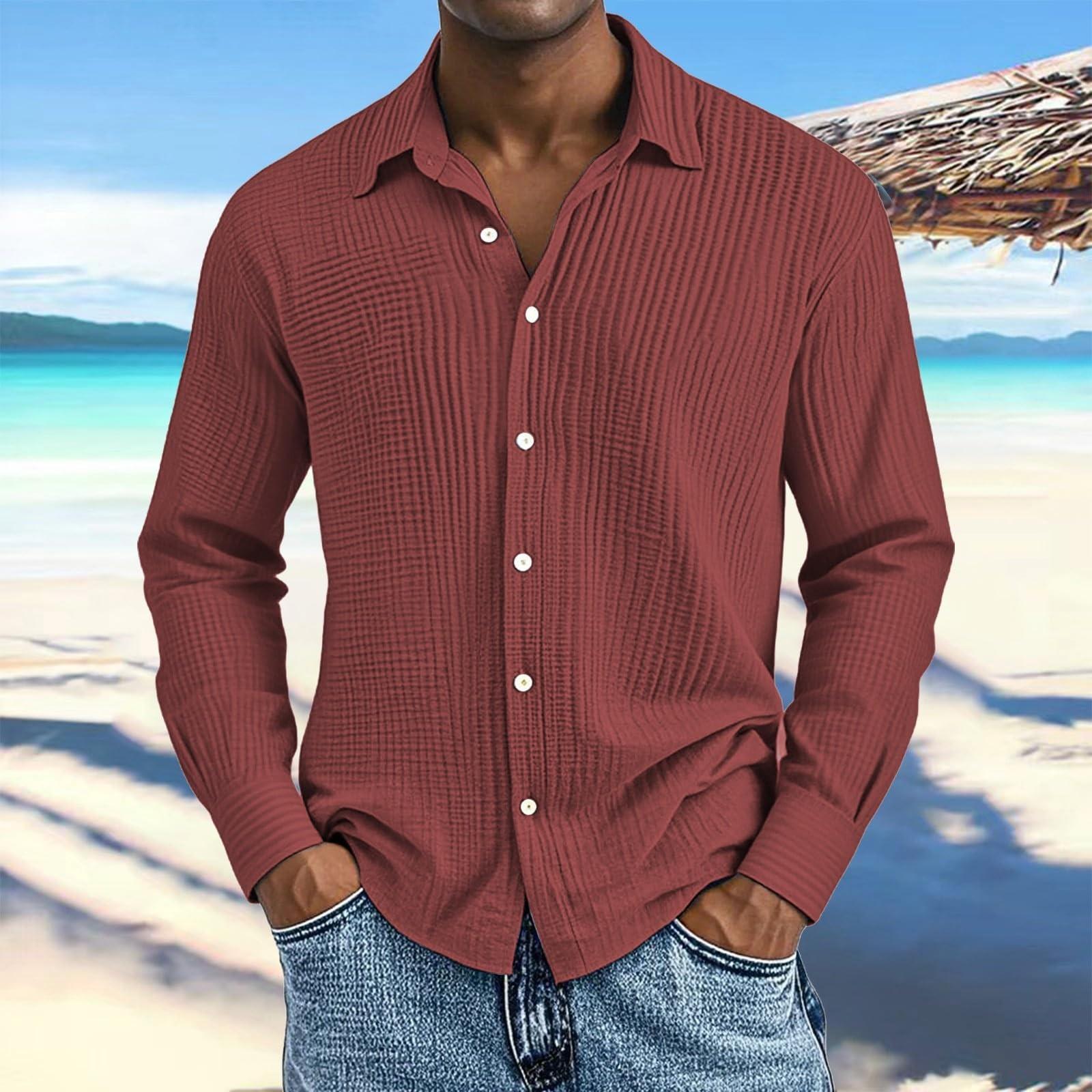 

Men s Cotton Shirts Long Sleeve Casual Button Down Textured T-Shirt Loose Vacation Beach Lightweight Topsrt L червоний