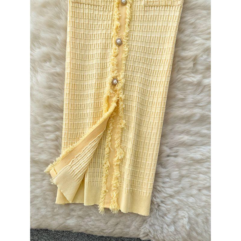 Korean Style Retro Socialite High Sense Knitted dress Women Summer V-neck Frayed Thin Slim fit Beautiful Royal Sister Long dress