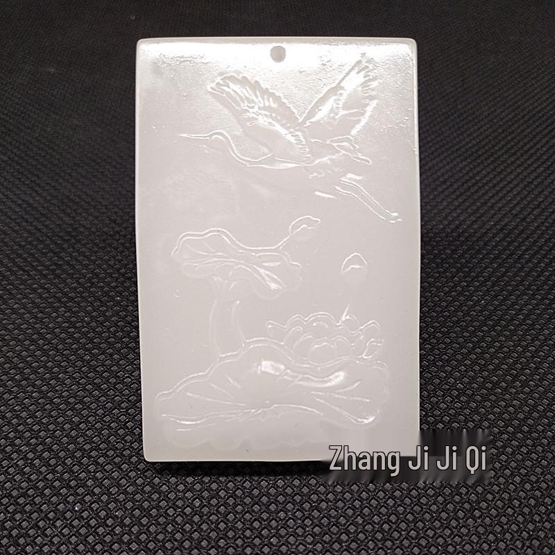 Afghanistan White Jade Lotus Square Pendant Necklace 306