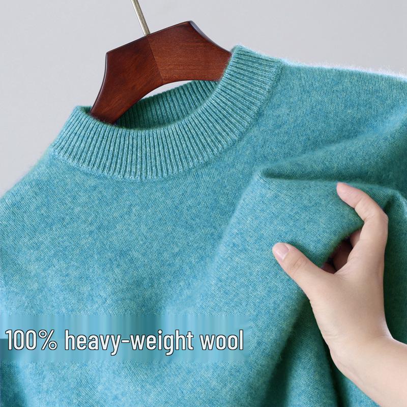 Men's 100% Wool Round Neck Loose Casual Sweater - Thickened Long Sleeve Knitwear