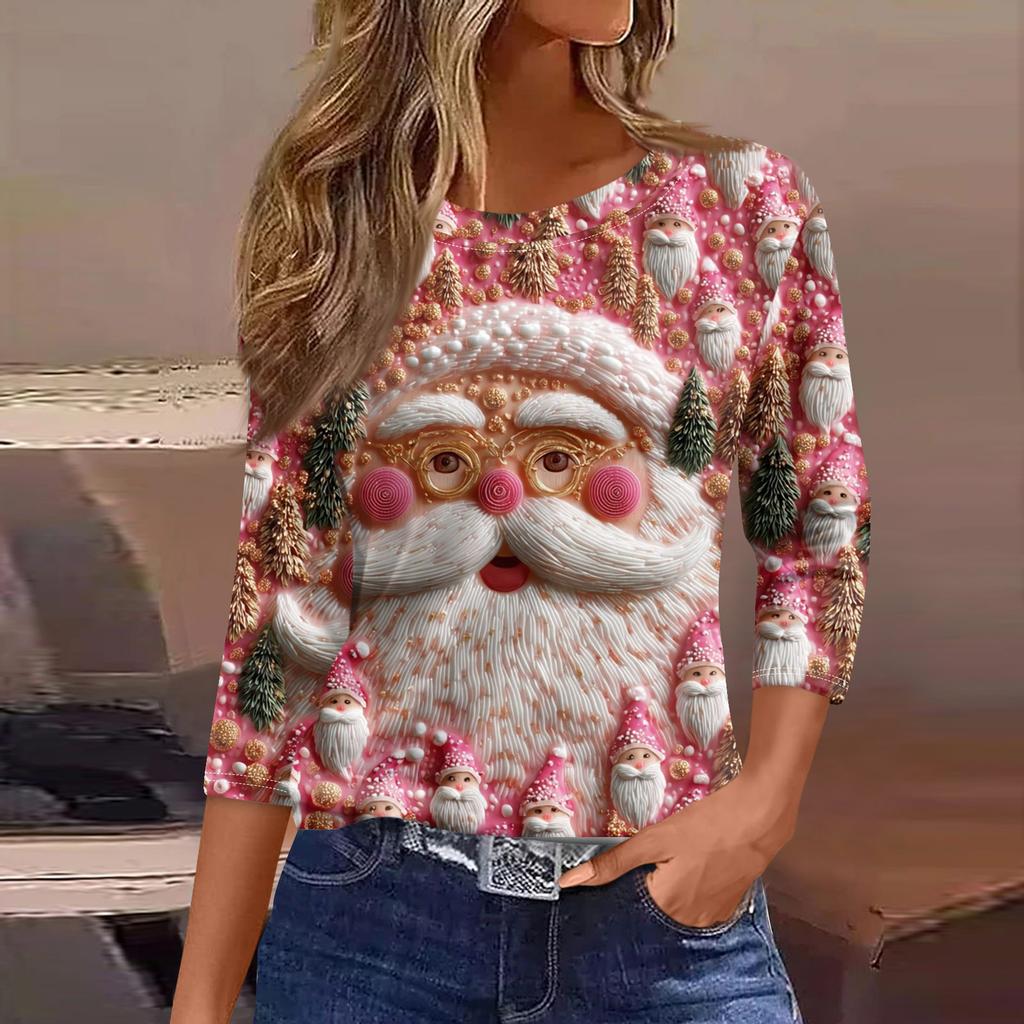 Women's Fashionable Casual Three Quarter Sleeve Christmas Printed Round Neck Top