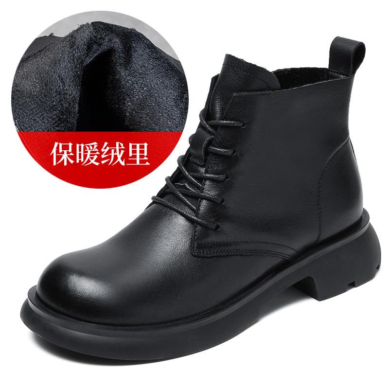 Leather small short boots British style Martin boots spring and autumn versatile flat-bottomed cowhide single boots brown retro women's boots