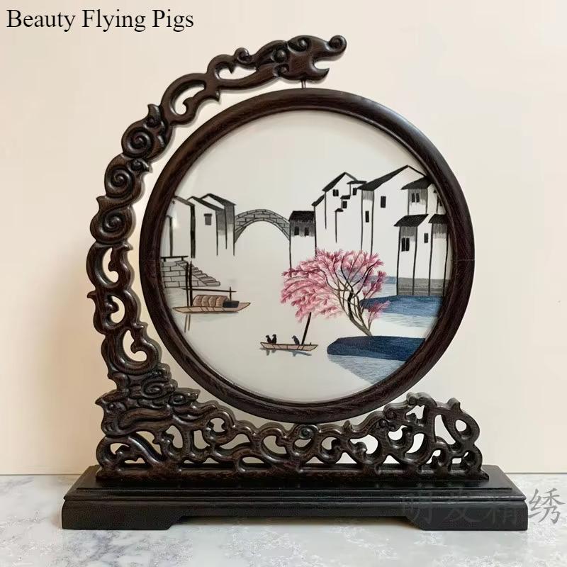 1pc, Su Embroidery Ornaments, Chinese Embroidery Crafts, Double Sided Embroidered Ornament, Solid Wood Desktop Decoration