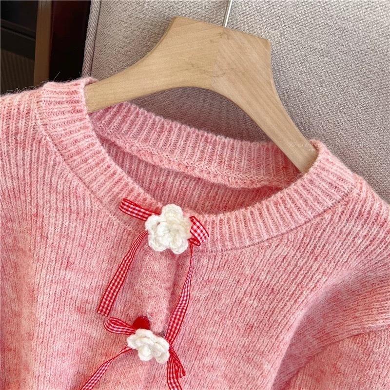 Women Korean Sweet Style Bowknot Knit Cardigan With Lace Trim And Heart Buttons Autumn Winter