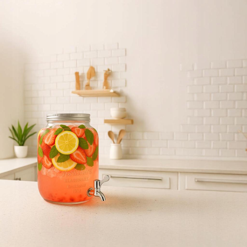 Glass Jar with Tap 4L with Metal Cap for Lemonade, Grill, Drinks, Water