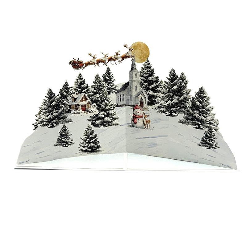 3D Christmas Card Night Before Christmas Scene With Santa Reindeer Snowy Village & Moonlit Sky Festive Holiday Greeting Card