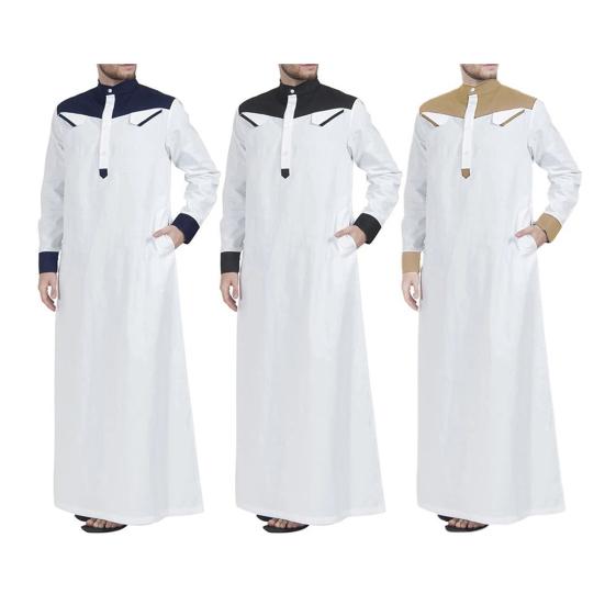 Men Mandarin Collar Long Sleeve Robe Contrast Color Buttons Half Placket Pockets Loose Fit Traditional Robe