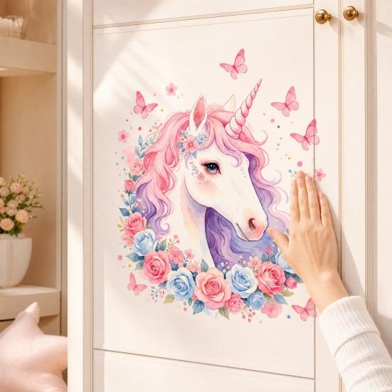 Yousheng Static Window Cling, Unicorn Pattern Wall Decal, Waterproof Removable No Glue Mark Glass Sticker, Ceramic Tiles Bedroom