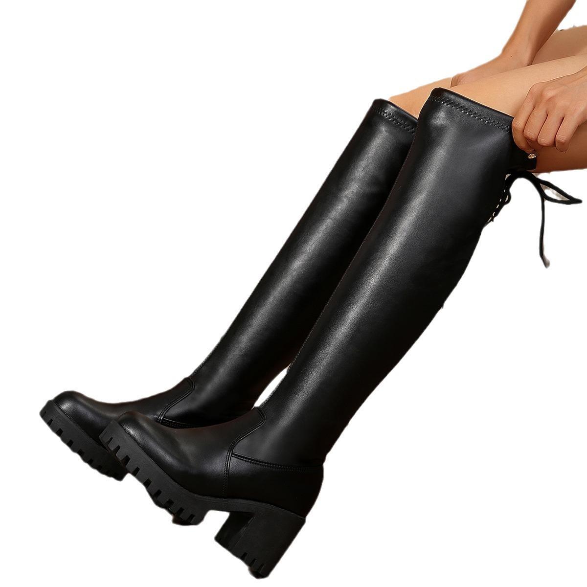 

Корейская версия тонких сапог на толстом каблуке, но высокие эластичные сапоги до колена, британские рыцарские сапоги на толстой подошве со шнуровкой сзади 36 чёрный