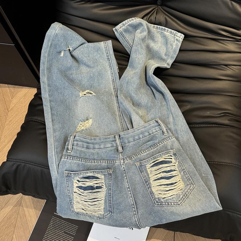 Summer Thin Ripped American Hot Girl Design Wide-Leg Jeans with Natural Waist Slimming for Women