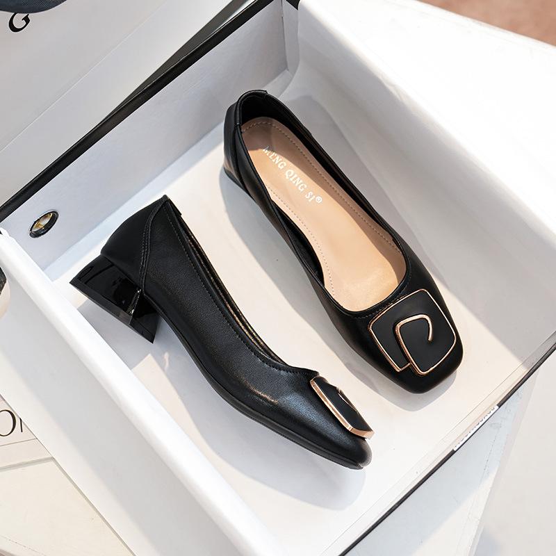 Soft Leather Single Shoes Women's Spring Square Buckle Thick Heel Medium Heel Soft Leather Square Head Grandma Shoes Soft Sole Shoes