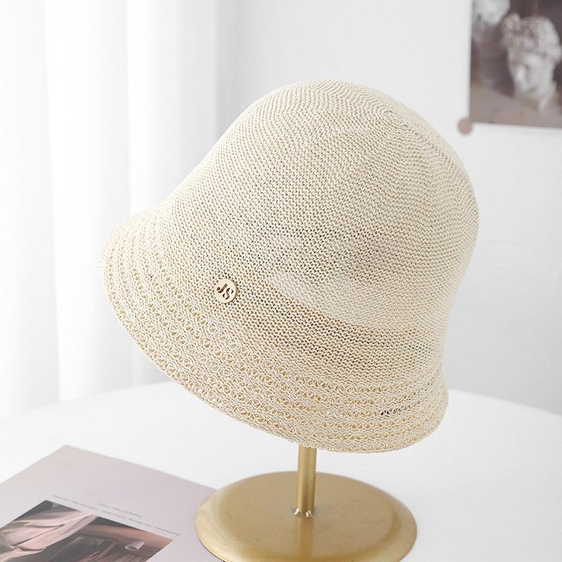 Chapeau seau en tricot ajouré pour femme Printemps Été Protection Solaire Avec Détail Métallique Léger Respirant Pour la Plage Nouveau beige