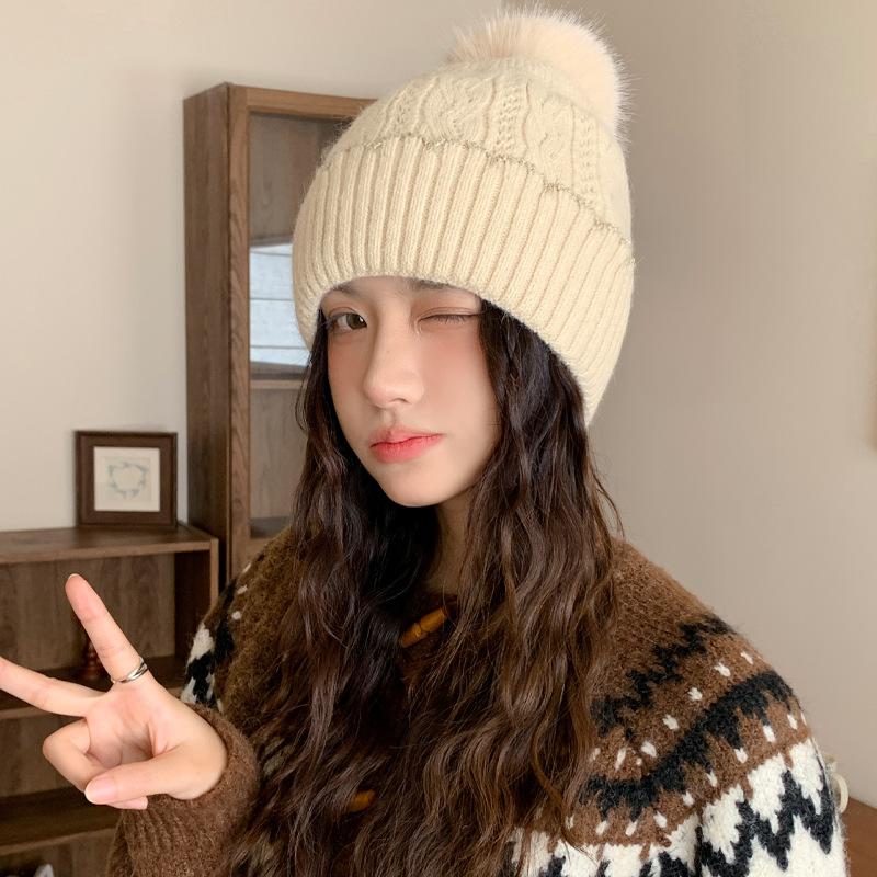 New Wool Hat Women's Autumn and Winter Warm and Cold Ear Protection Hat Fleece Thickened Hairball Knitted Hat