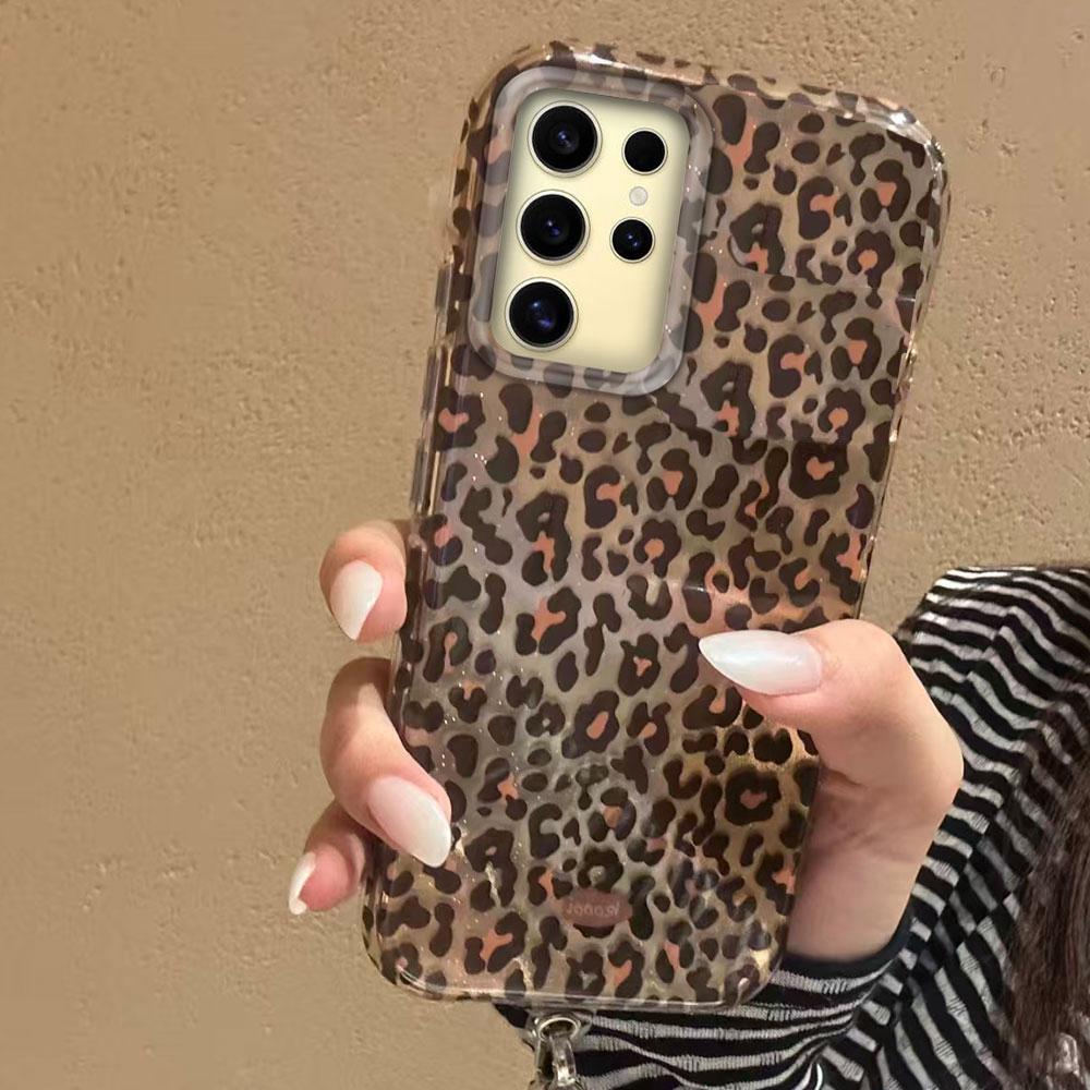 Korean Amber Gold Leopard Print Women Gilrs Phone Case for Samsung Galaxy S25 S24 S23 S22 S21 S20 FE Plus Ultra Silicone Cover