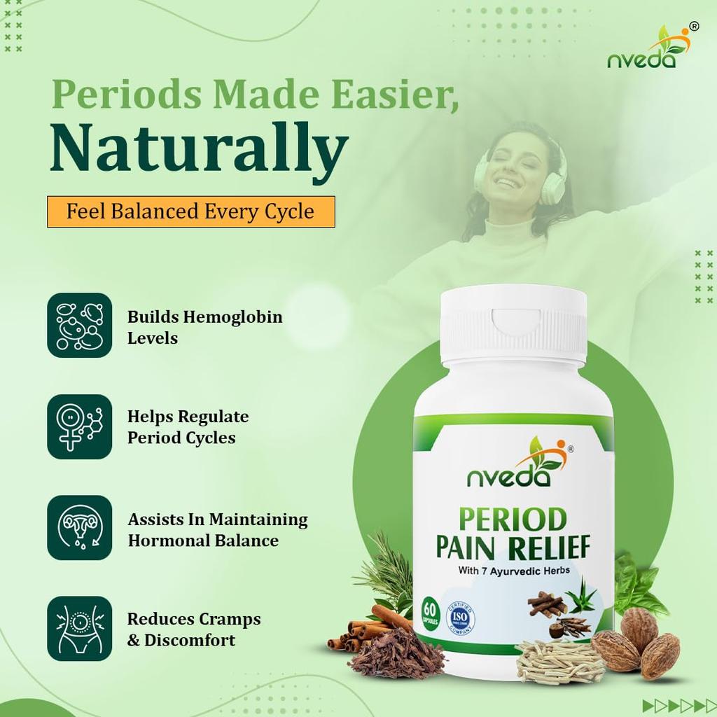 Nveda Natural Menstrual Pain Relief Capsules for Women, 60 Count, Reduces Cramps, Stress & Fatigue