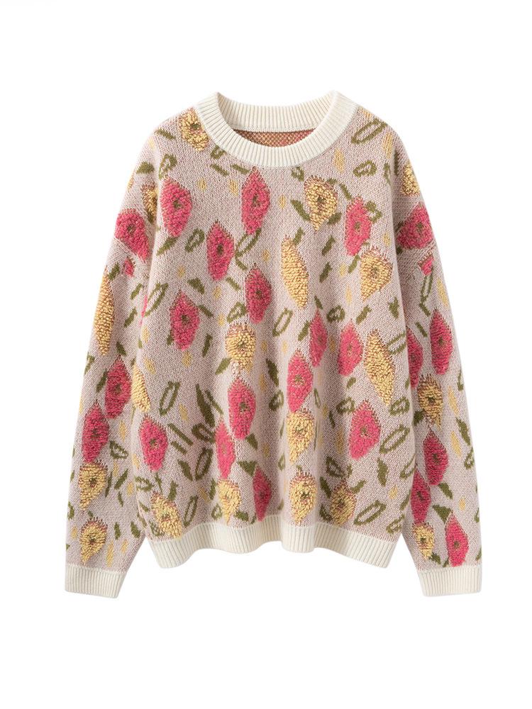Cashmere Peach Blossom Jacquard Heavy Brushed Sweater, Round Neck, Loose Fit, Thick Wool.