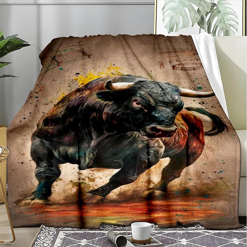 Powerful Charging Bull Ink Painting Blanket, Vintage Art Flannel Throw Blanket for Home Decor